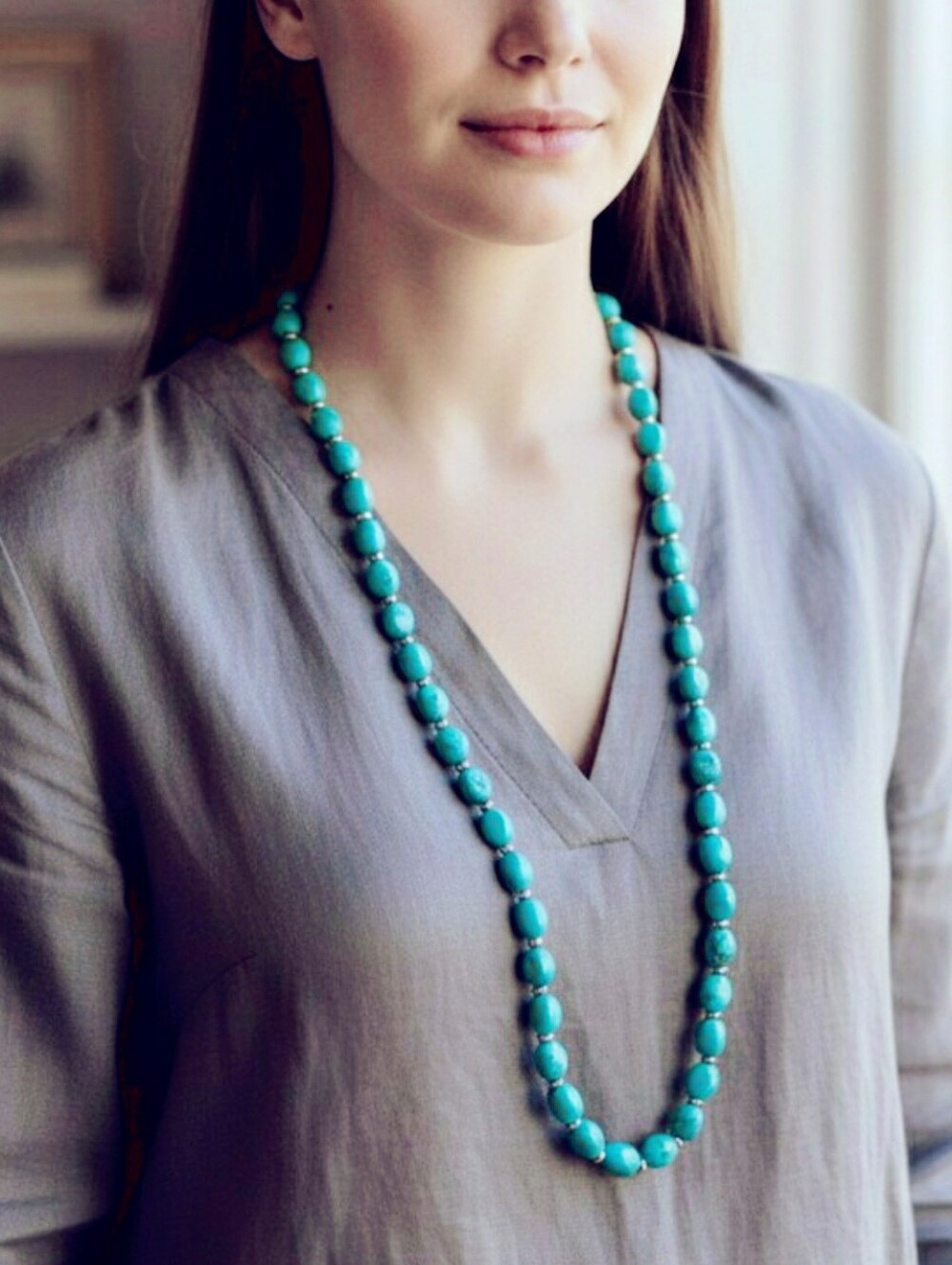 Turquoise Big Beaded Long Necklace 9.5" With Silver Disc Bead Accents Necklace